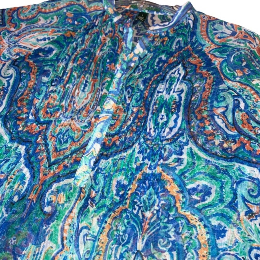 Ralph Lauren Women’s Blue Paisley Half Sleeve Pleated Chiffon Poets Blouse Large - Picture 7 of 10